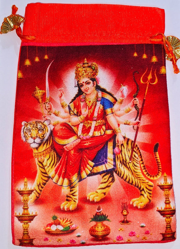 25 pieces Maa Vaishno Devi (Durga) bags to keep religious goods or distribute prasad - Orange colored 25 pieces Maa Vaishno Devi (Durga) bags to keep religious goods or distribute prasad - Orange colored
