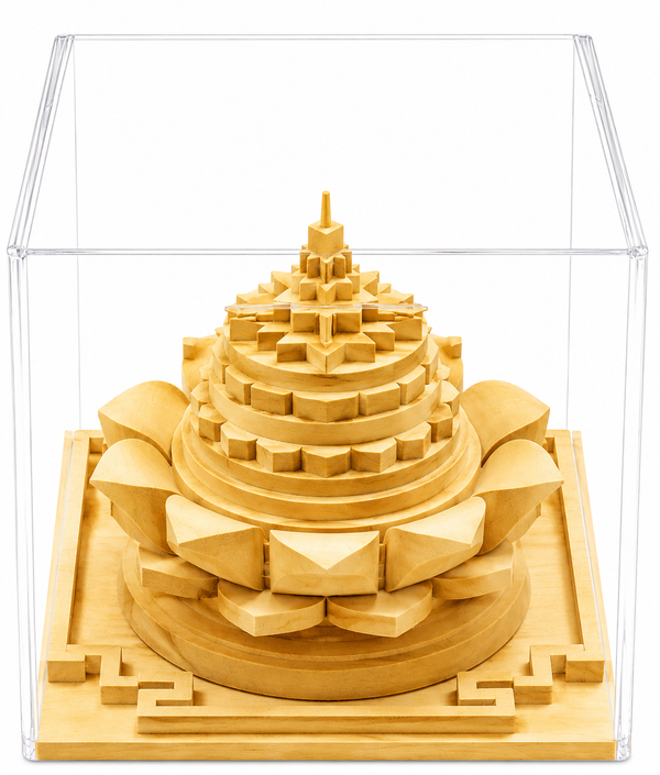 Sri Maha Meru on Lotus Petals in Acrylic Box | Sacred Shriparni Wood Sri Yantra for Home, Office & Vastu Décor Sri Maha Meru on Lotus Petals in Acrylic Box | Sacred Shriparni Wood Sri Yantra for Home, Office & Vastu Décor