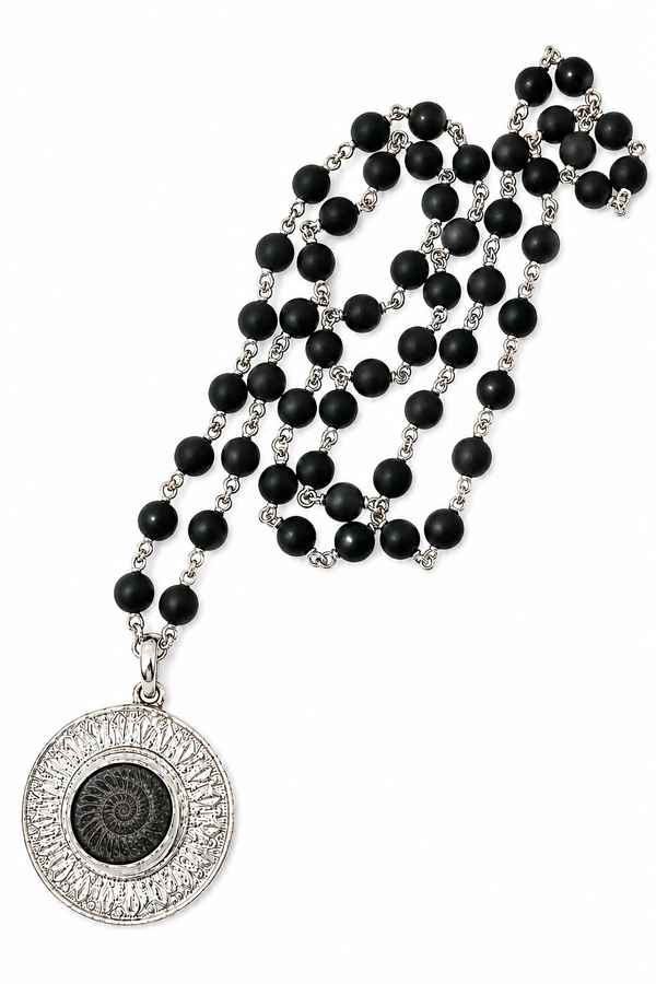 Black Vaijanti Mala with Sudarshan Shaligram Shila Pendant in Silver Wire | 54 Beads Spiritual Necklace for Men & Women | Vishnu Krishna Devotional Mala Black Vaijanti Mala with Sudarshan Shaligram Shila Pendant in Silver Wire | 54 Beads Spiritual Necklace for Men & Women | Vishnu Krishna Devotional Mala