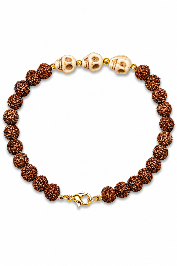 Handcrafted Rudraksha Skull Beads Bracelet | Natural Rudraksha Beads, Howlite Skull Accent Beads, Golden Spacers & Lobster Clasp | 8 Inch Thread Bracelet | DevShoppe Handcrafted Rudraksha Skull Beads Bracelet | Natural Rudraksha Beads, Howlite Skull Accent Beads, Golden Spacers & Lobster Clasp | 8 Inch Thread Bracelet | DevShoppe