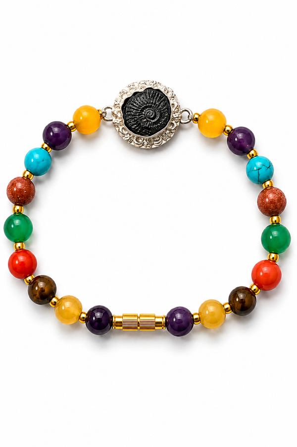 Handmade Sudarshan Shaligram Chakra Bracelet in Pure Silver with 7 Chakra Faceted Gemstone Beads for Meditation, Spiritual Harmony, Positive Energy & Sacred Jewelry Handmade Sudarshan Shaligram Chakra Bracelet in Pure Silver with 7 Chakra Faceted Gemstone Beads for Meditation, Spiritual Harmony, Positive Energy & Sacred Jewelry