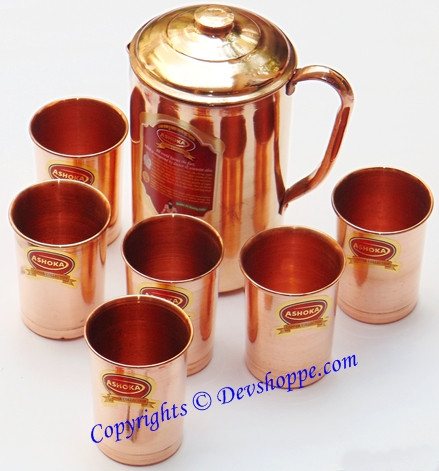 Pure Copper jug large sized with 6 copper glasses - Devshoppe