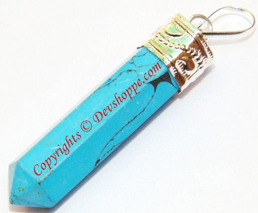 Turquoise (Firoza) pencil shaped pendant in white metal - Devshoppe