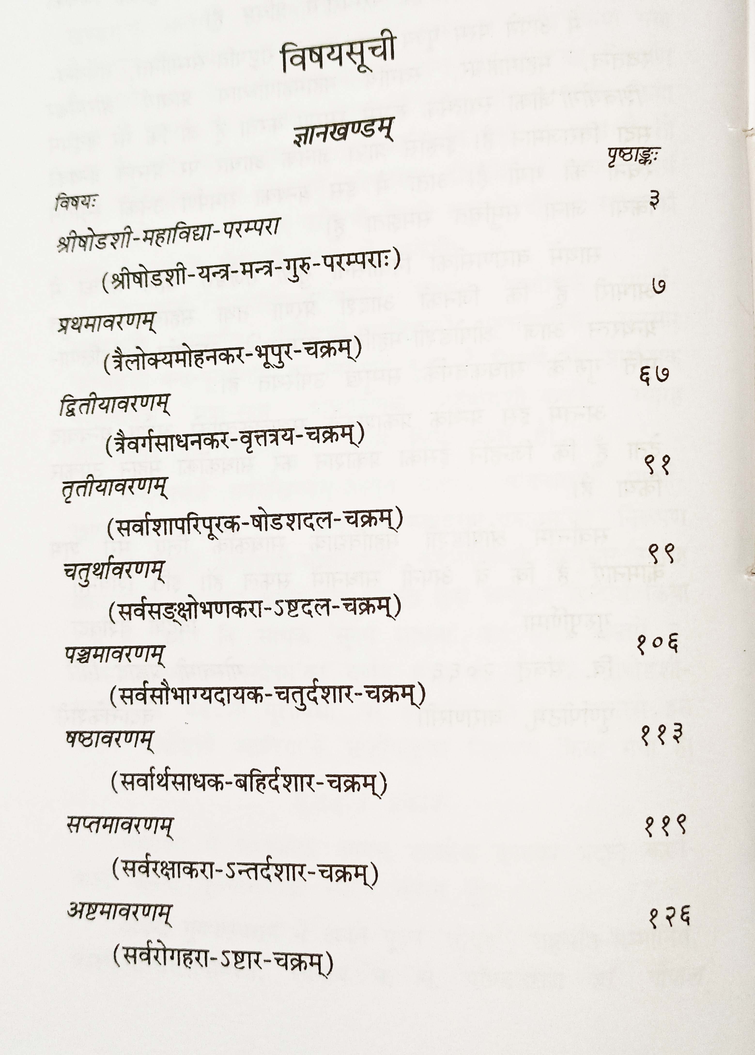 षोडशी महाविद्या सामग्री पृष्ठ, प्रकरण शीर्षक और पृष्ठ संख्या