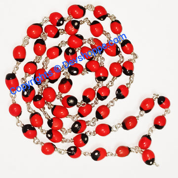 Red chirmi mala necklace: red bead strand with black caps, silver wire links