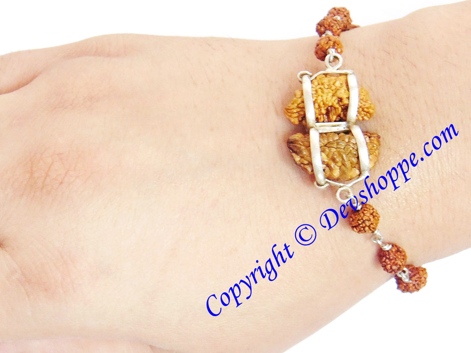 Premium quality One faced Rudraksha twin beads bracelet in silver wire