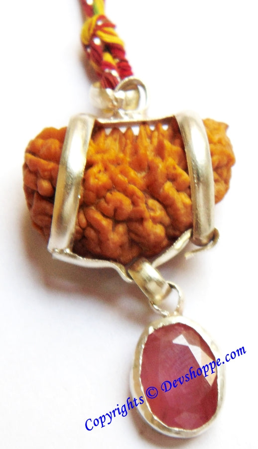 One Mukhi Rudraksha silver pendant: orange seed texture, red ruby gemstone