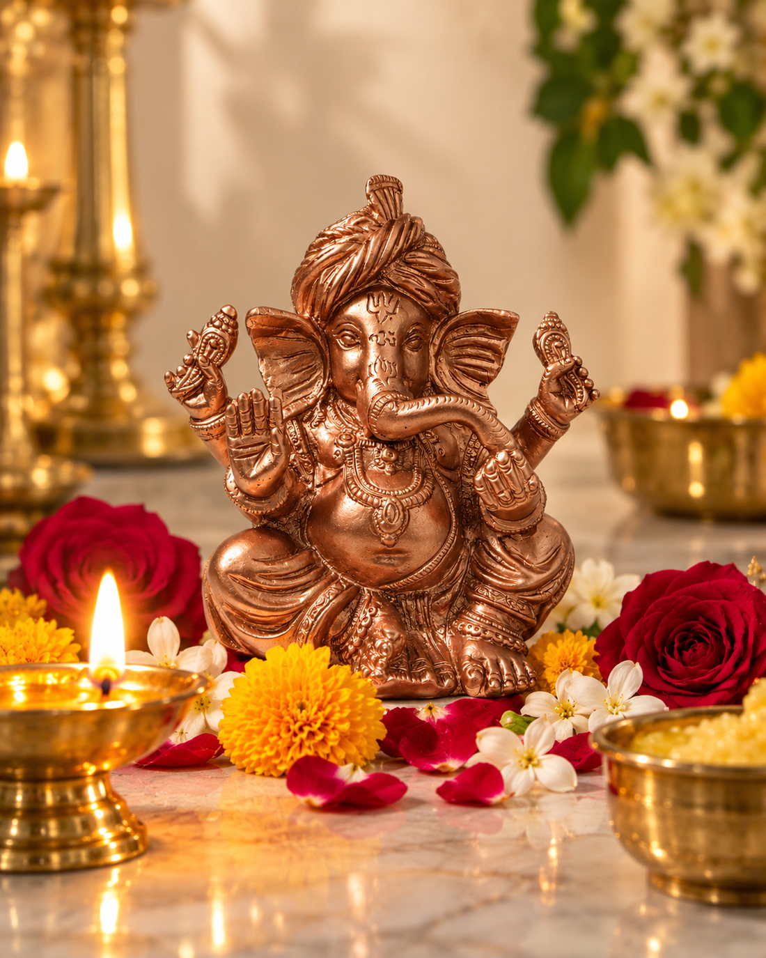 Brass Turban Ganesha Idol with Copper Finish - 6 Inch Decorative Ganesh Statue for Home Temple & Gifting