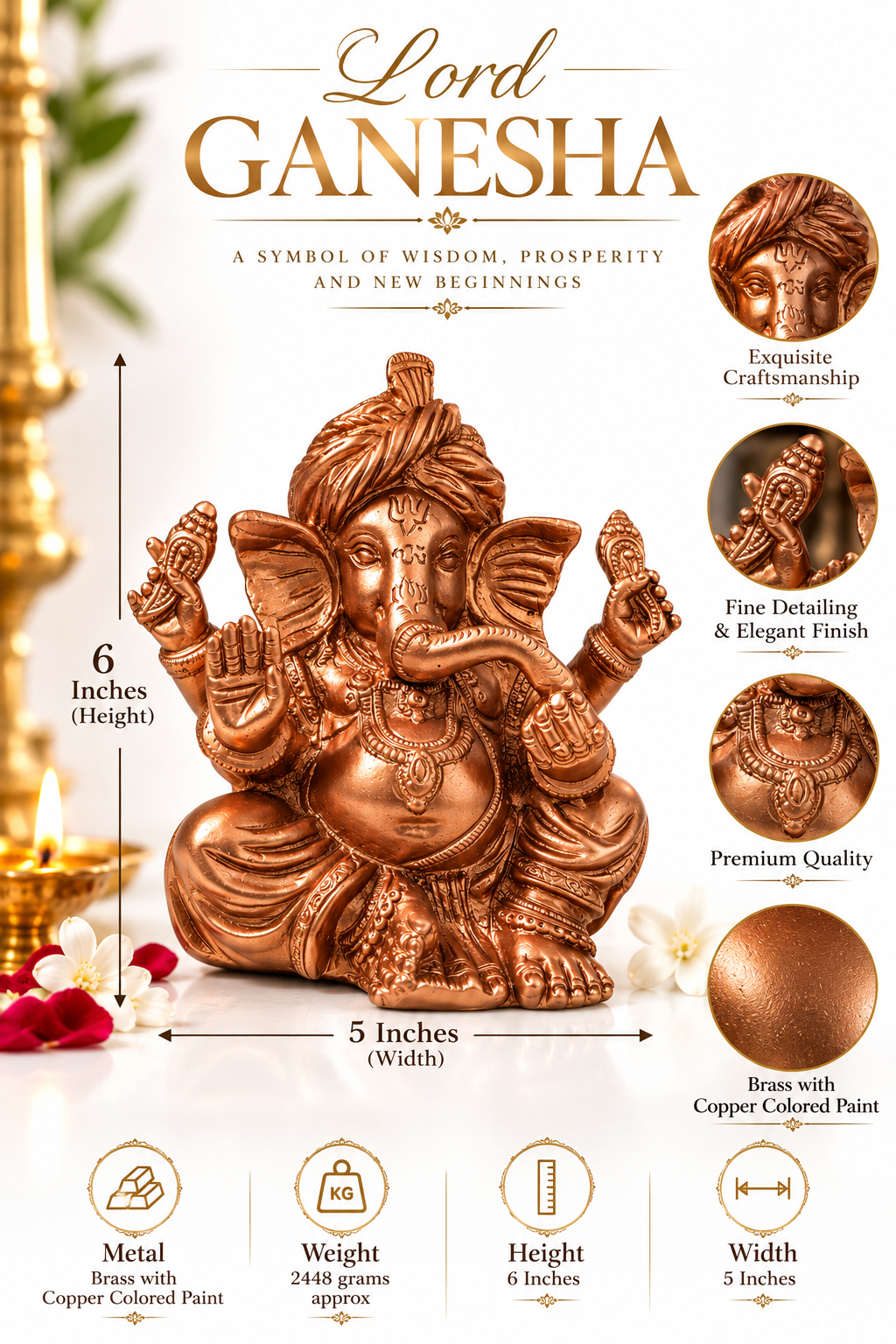 Brass Turban Ganesha Idol with Copper Finish - 6 Inch Decorative Ganesh Statue for Home Temple & Gifting