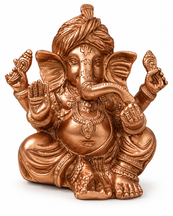 Brass Turban Ganesha Idol with Copper Finish - 6 Inch Decorative Ganesh Statue for Home Temple & Gifting
