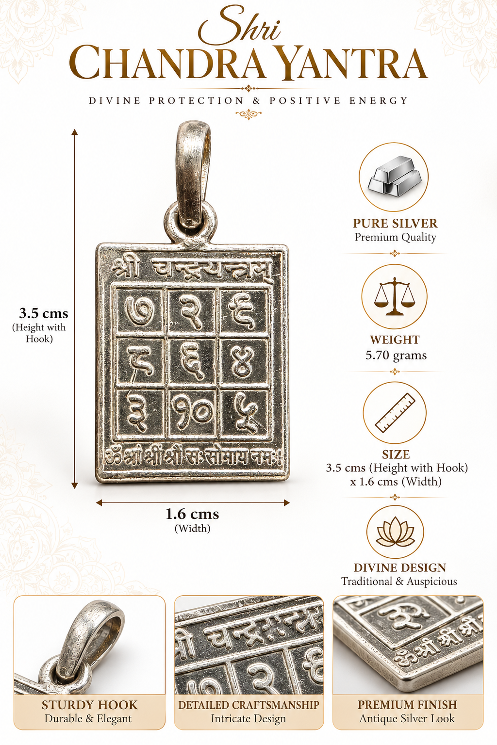 Silver Shri Chandra Yantra Pendant | 5.70g Traditional Chandra Yantra Locket for Men & Women | Auspicious Silver Spiritual Jewellery
