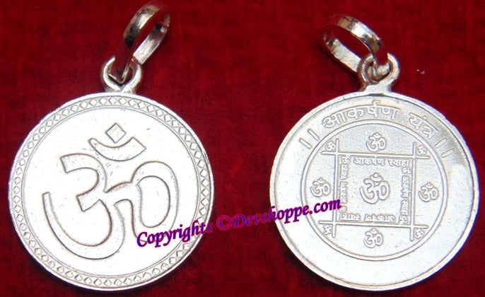 Silver Akarshan yantra pendant with Om symbol front, round coin design