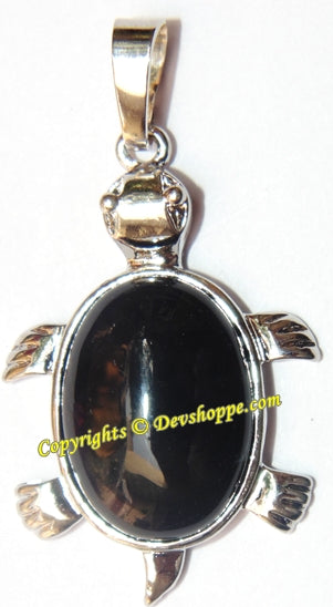 Black agate turtle pendant in white metal, oval stone with flanking turtle shell details