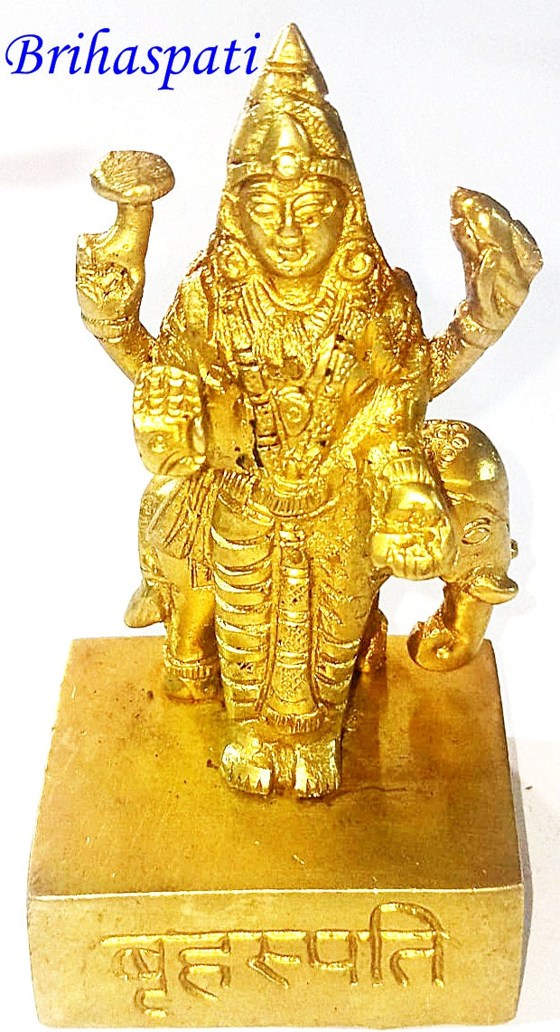 Navagraha idol set Brihaspati: golden standing deity with halo and raised hands