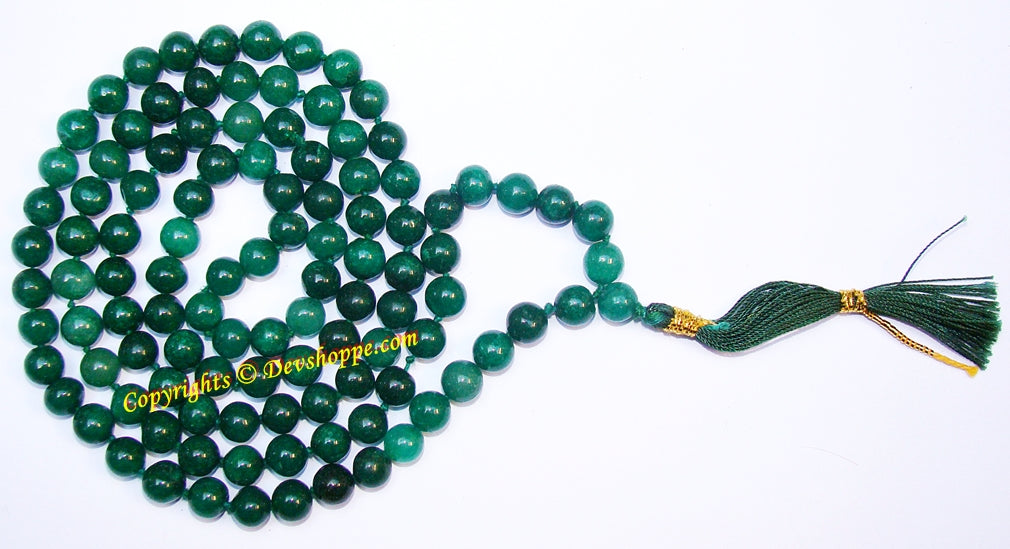 Dark Green Jade prayer mala with dark green beads and tassel