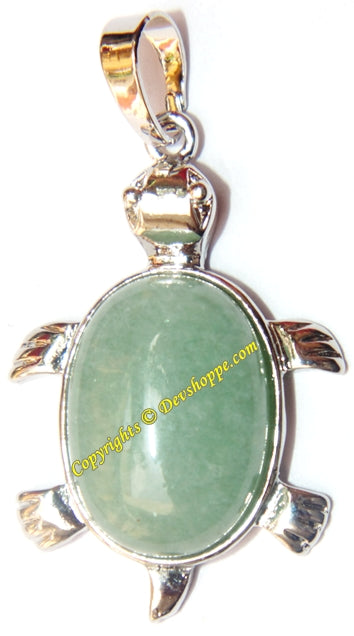 Green jade turtle pendant with oval green stone set in white metal, hinged bail