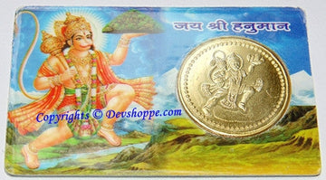 Hanuman yantra laminated coin card, gold coin and Hanuman figure on blue