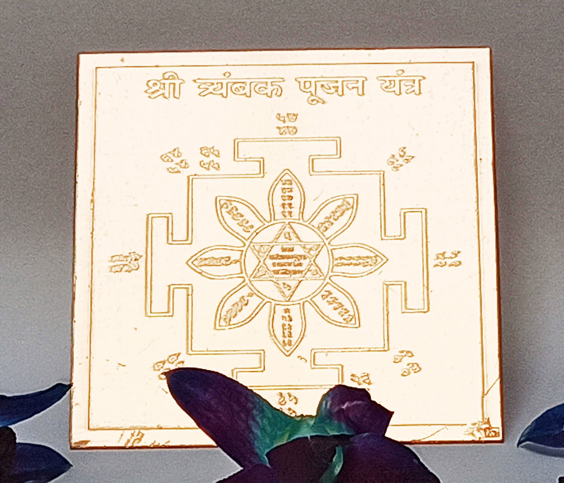 Shri Tryambak pujan yantra on copper plate with golden yantra design