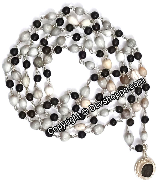 White Vaijanti beads and Black Vaijanti beads combination mala in silver with Shaligram pendant