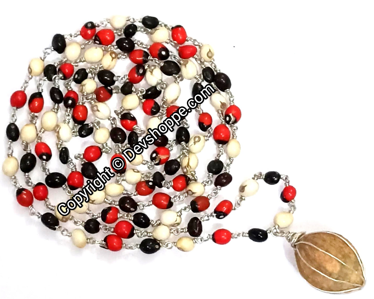 Red, black & white Chirmi mala beads, silver chain, Laghu Nariyal pendant