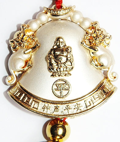 White bell charm with laughing Buddha figure, gold rim, pearl beads, red accents