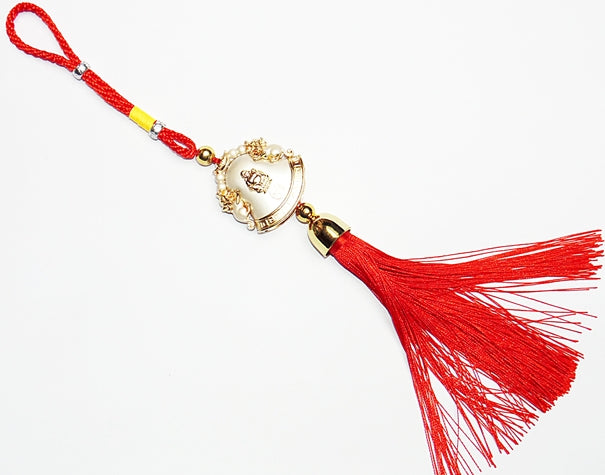 Red tassel bell hanging with laughing Buddha face, gold ornaments, loop cord