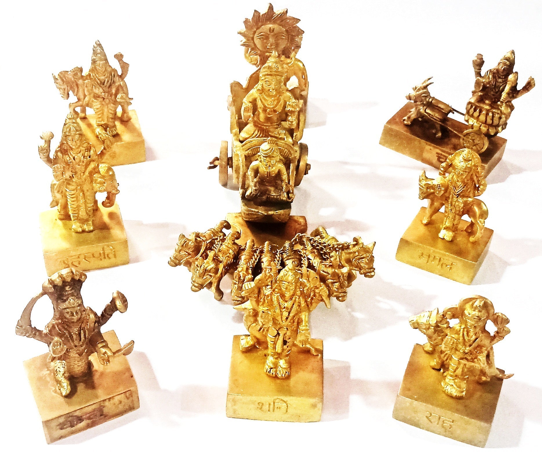 Navagraha idol set of premium golden figures on square bases, multi-angle view