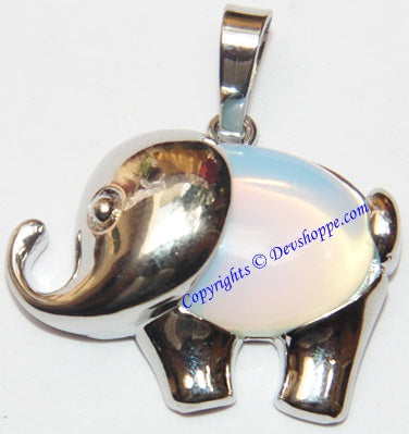 Opalite elephant pendant in white metal, glossy light-blue opal effect and hanging bail