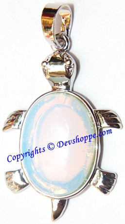 Opalite tortoise pendant in white metal with oval opalescent center and bail