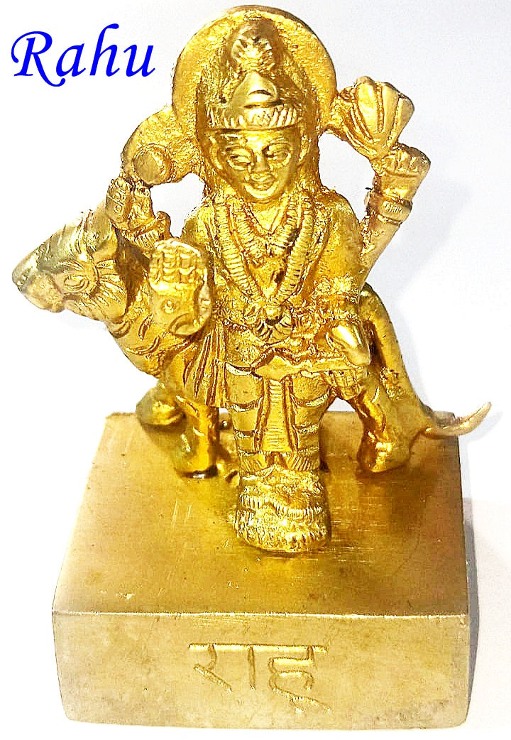 Navagraha idol set Rahu: golden deity standing with two smaller figures on square base