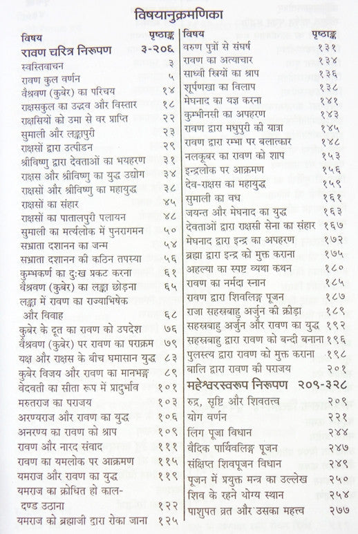 रावण संहिता सामग्री सूची पेज, कई शीर्षक और पेज नंबर वाले कॉलम