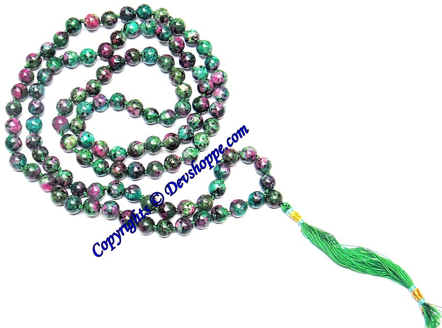 Ruby zoisite beads mala with green tassel, round multicolor beads on strand