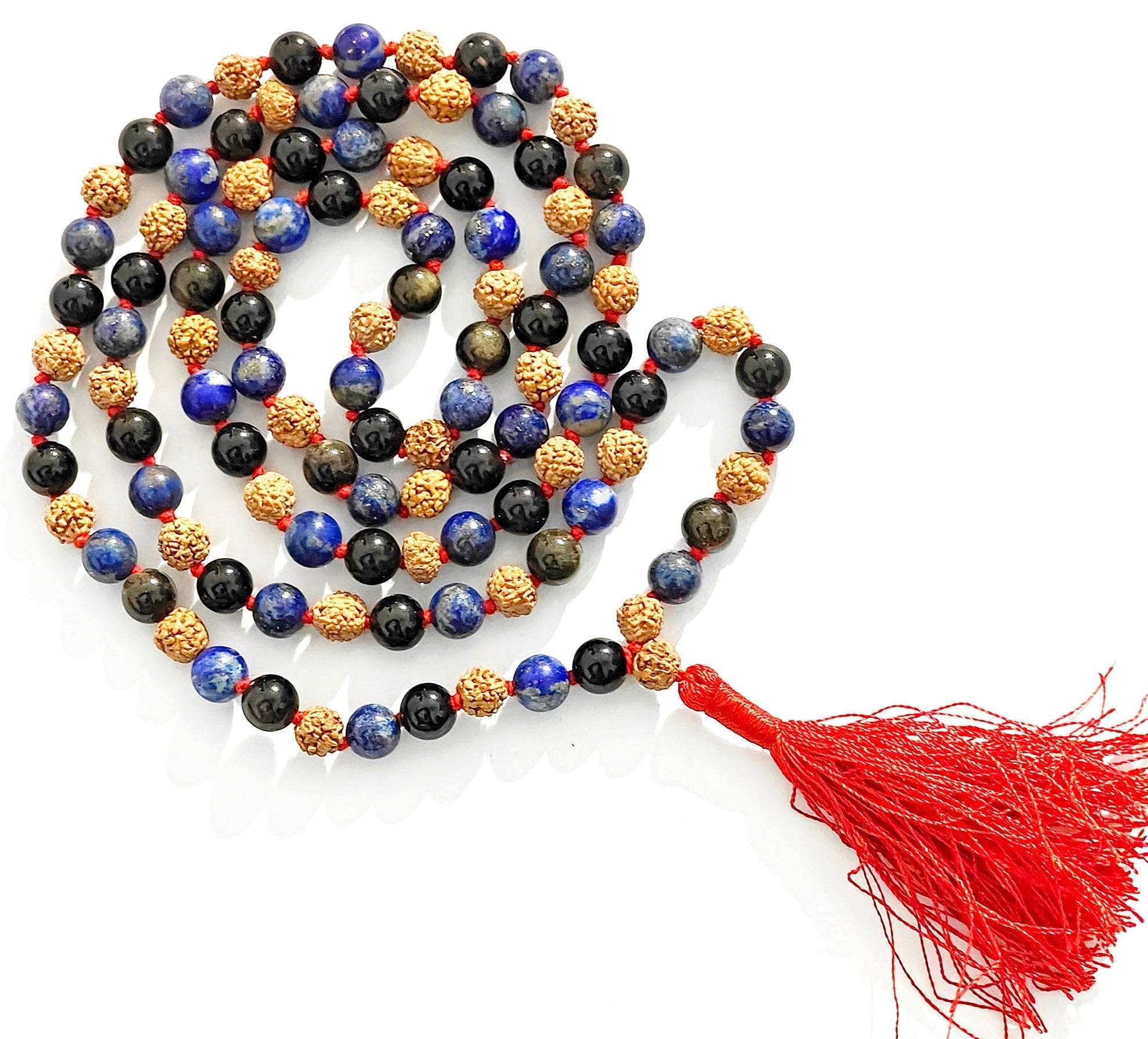 Rudraksha, lapis lazuli and black onyx mala with golden rudraksha-style beads and tassel