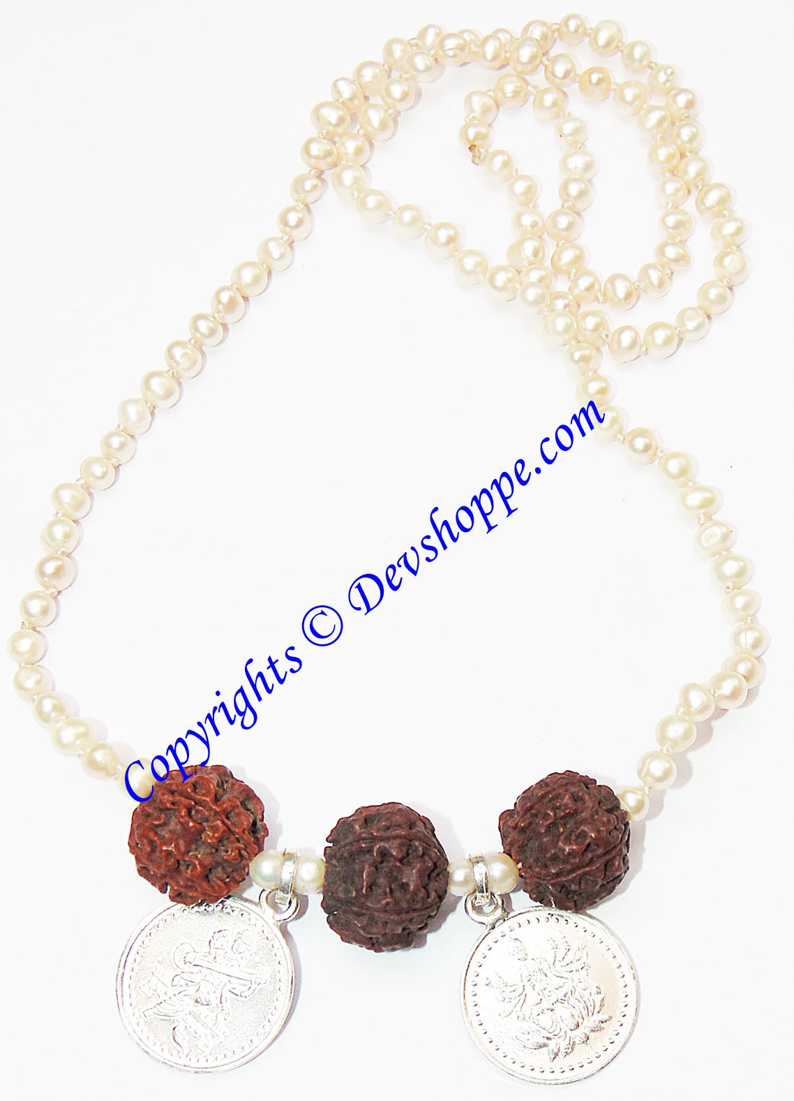 Pearl mala for kids with three silver coin pendants and red rudraksha-style beads