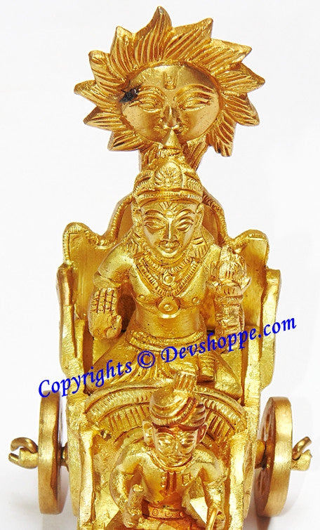 Sun god brass idol with radiant sun headpiece and seated deity on chariot