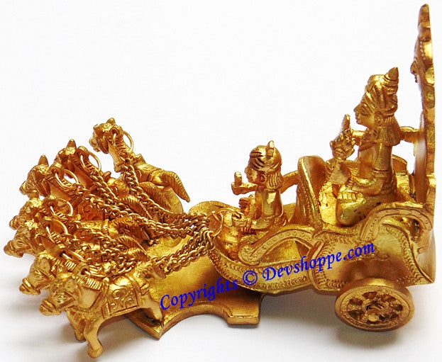 Brass chariot idol with Surya rider, chained horses and ornate wheels