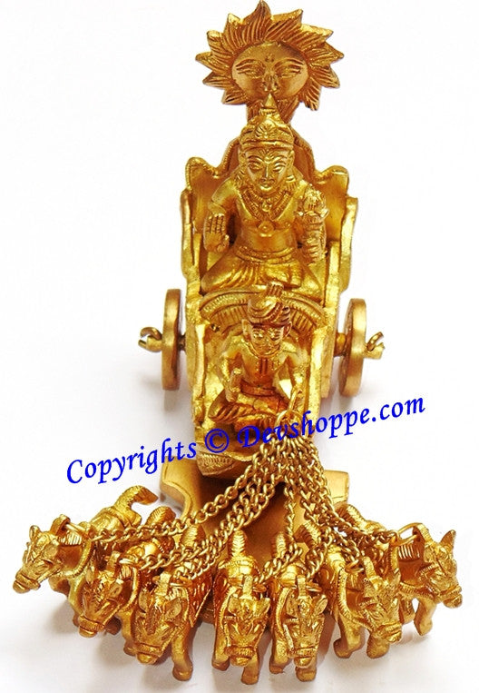 Sun god Surya idol in brass, seated figure with halo and arm accessories