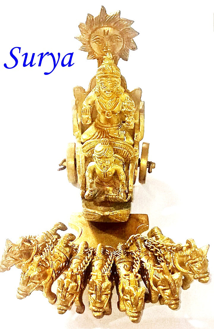 Navagraha idol set Surya: golden deity seated on square base with rays behind