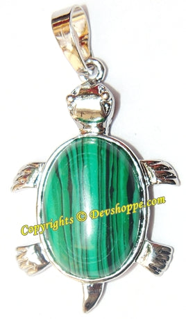 Malachite turtle pendant: green oval stone set in white metal