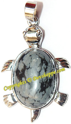 White metal turtle pendant with snowflake obsidian cabochon and bail