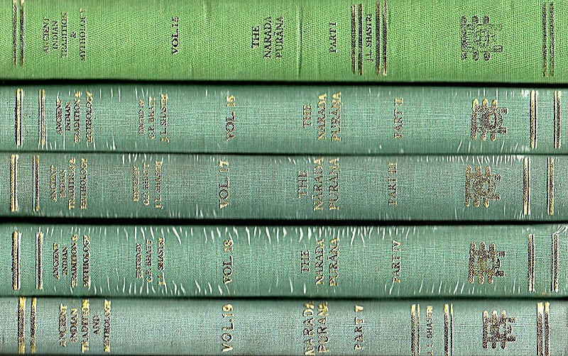 Narada Purana set of 5 books with green spines and gold title text