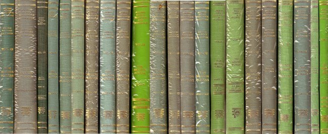 Skanda Purana: set of 23 volumes, multi-colored book spines in a row