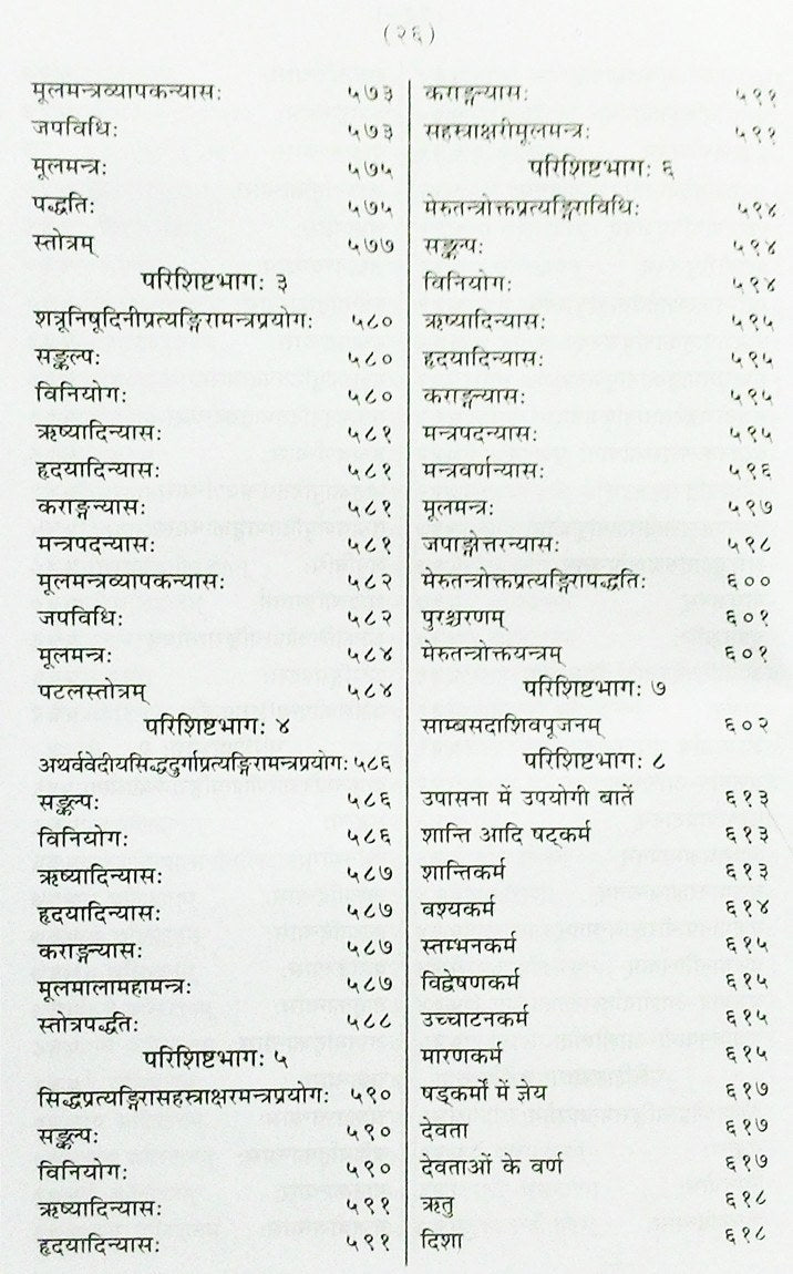 सूची पृष्ठ, संस्कृत पद्य पंक्तियाँ दो कॉलम में, दाईं ओर पेज नंबर