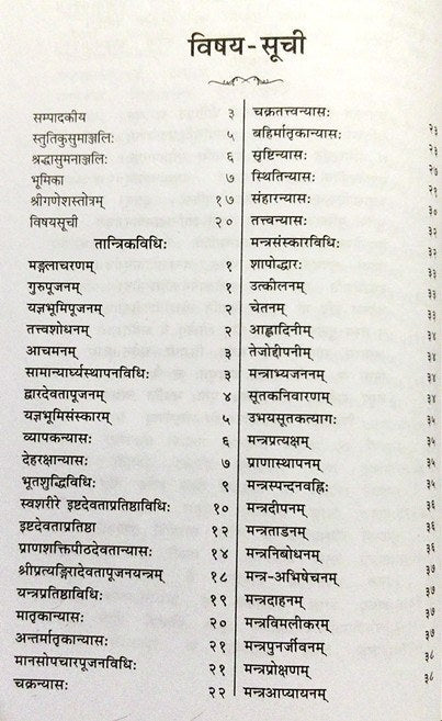 “विषय–सूची” शीर्षक सहित सूची पृष्ठ, संस्कृत प्रविष्टियाँ और पेज नंबर