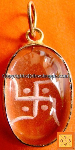 'Swastika' Crystal hand carved pendant in white metal