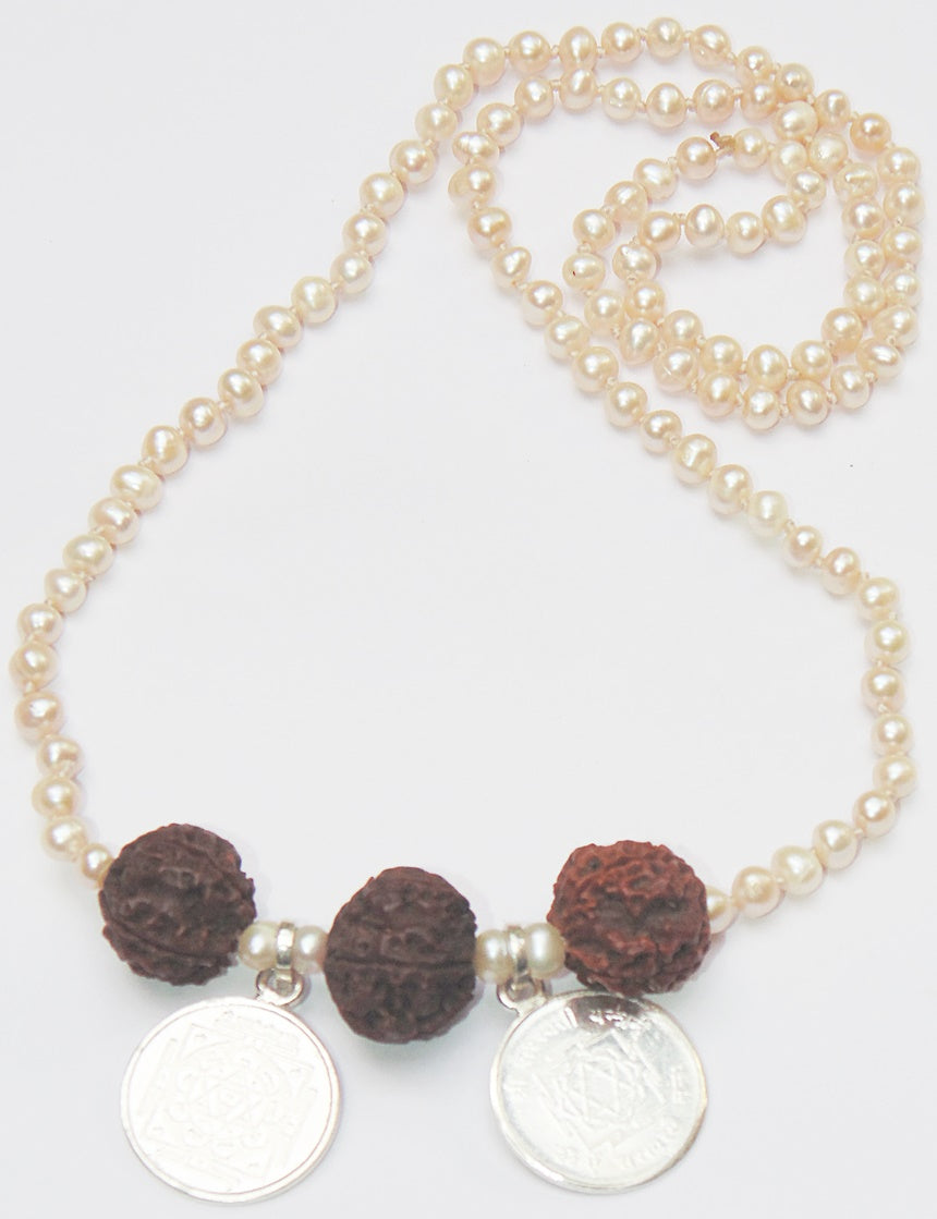 Kids pearl mala with three silver coin pendants and red textured beads
