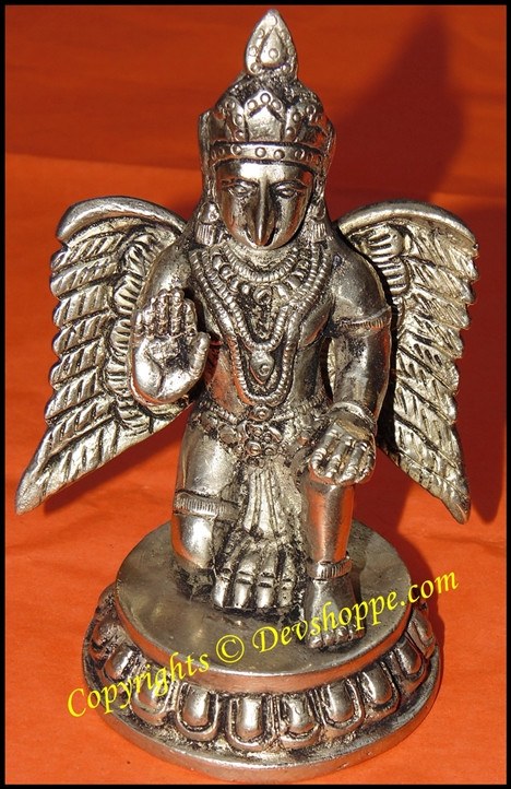 Garuda holy bird panchdhatu statue, silver-toned seated figure with outstretched wings