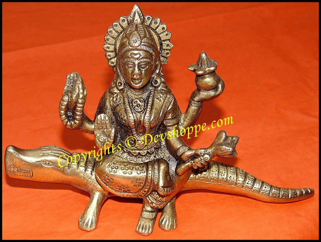 Goddess Ganga Maa idol, gold-tone seated figure with ornate crown and raised hands