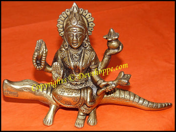 Goddess Ganga Maa idol, gold-tone seated figure with ornate crown and raised hands