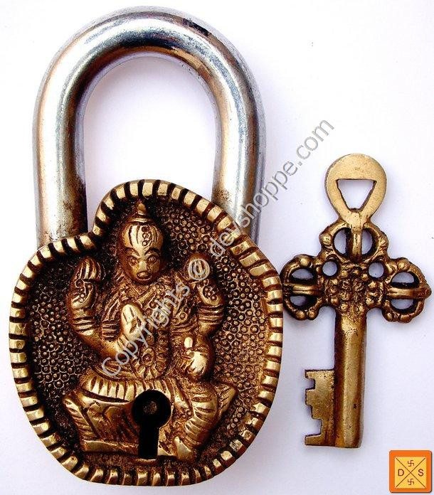 Goddess Lakshmi Temple Lock with gold-colored deity on round padlock and matching key